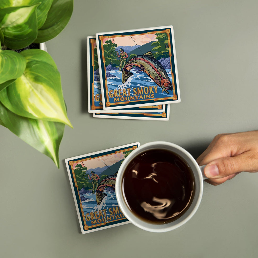 Great Smoky Mountains National Park, Tennesseee, Angler Fly Fishing Scene, Lantern Press Artwork, Coaster Set - Lantern Press