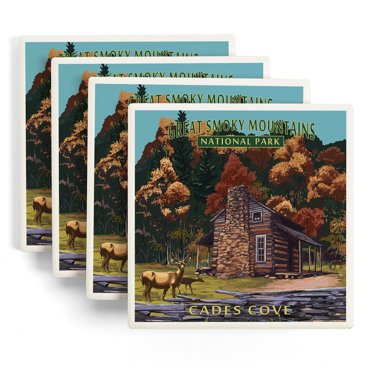 Great Smoky Mountains National Park, Tennesseee, Cades Cove & John Oliver Cabin, Lantern Press, Coaster Set - Lantern Press