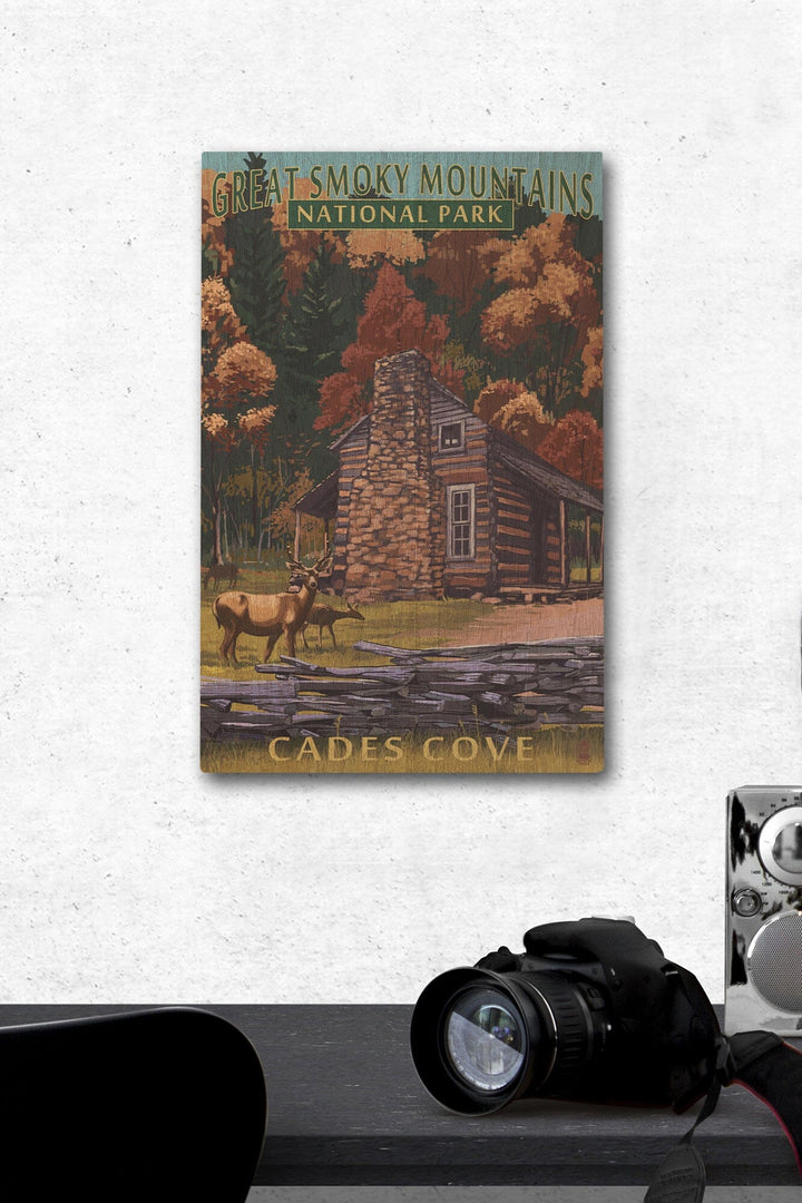 Great Smoky Mountains National Park, Tennesseee, Cades Cove & John Oliver Cabin, Lantern Press, Wood Signs and Postcards Wood Lantern Press 12 x 18 Wood Gallery Print 