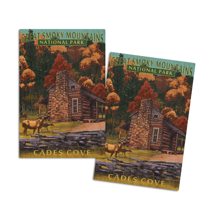 Great Smoky Mountains National Park, Tennesseee, Cades Cove & John Oliver Cabin, Lantern Press, Wood Signs and Postcards Wood Lantern Press 4x6 Wood Postcard Set 