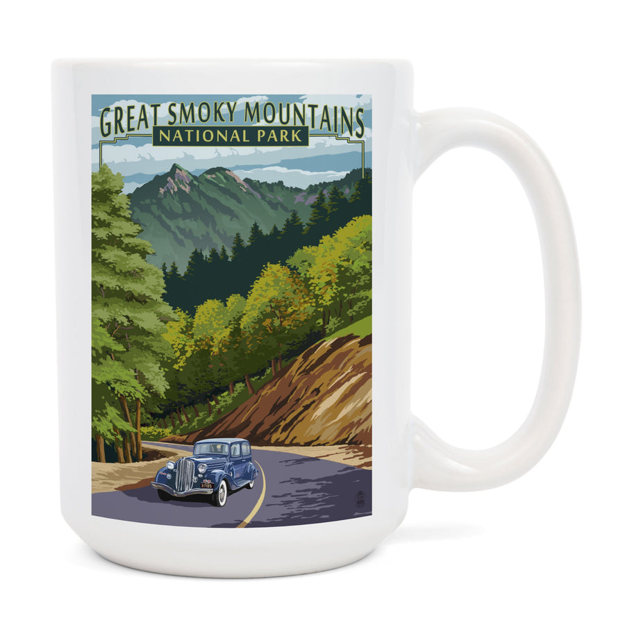 Great Smoky Mountains National Park, Tennesseee, Chimney Tops & Road, Lantern Press Artwork, Ceramic Mug Mugs Lantern Press 