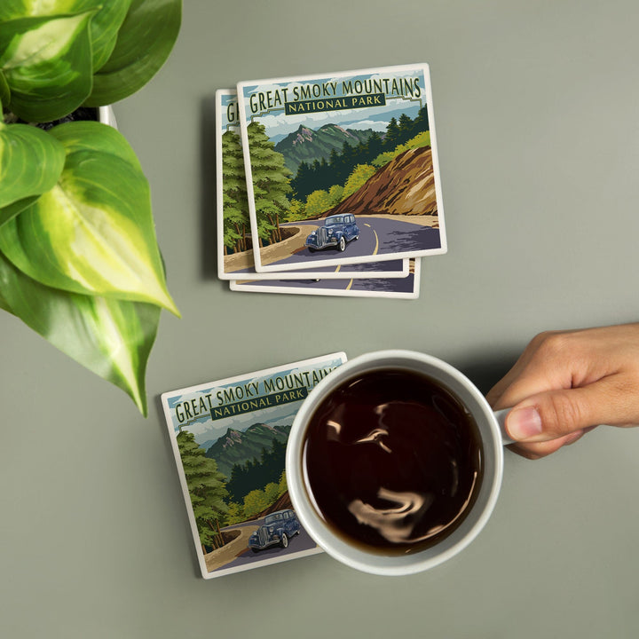 Great Smoky Mountains National Park, Tennesseee, Chimney Tops & Road, Lantern Press Artwork, Coaster Set - Lantern Press