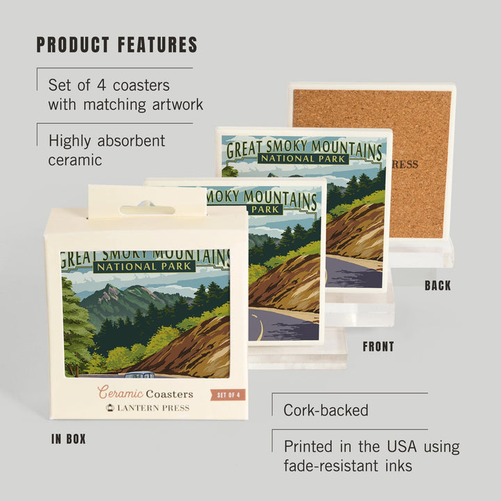 Great Smoky Mountains National Park, Tennesseee, Chimney Tops & Road, Lantern Press Artwork, Coaster Set - Lantern Press