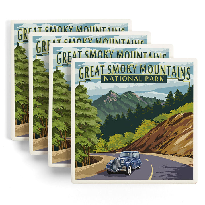 Great Smoky Mountains National Park, Tennesseee, Chimney Tops & Road, Lantern Press Artwork, Coaster Set - Lantern Press