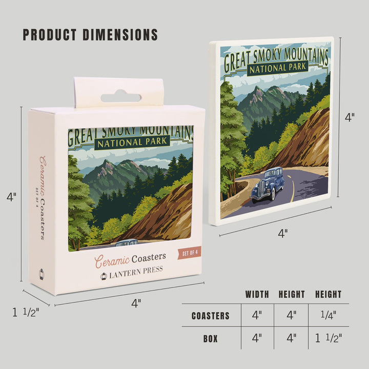 Great Smoky Mountains National Park, Tennesseee, Chimney Tops & Road, Lantern Press Artwork, Coaster Set - Lantern Press