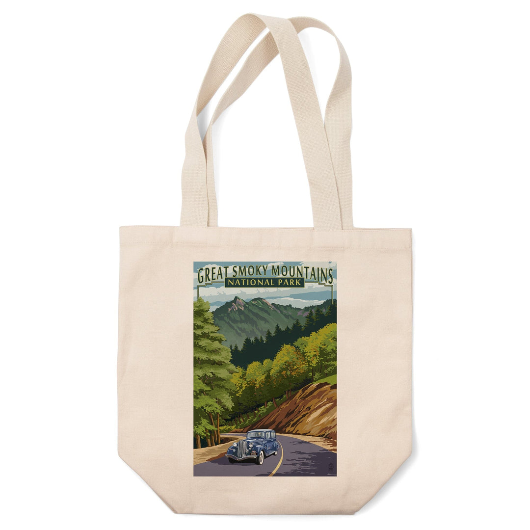 Great Smoky Mountains National Park, Tennesseee, Chimney Tops & Road, Lantern Press Artwork, Tote Bag Totes Lantern Press 