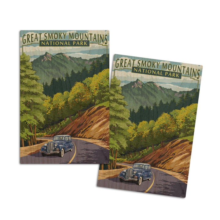 Great Smoky Mountains National Park, Tennesseee, Chimney Tops & Road, Lantern Press Artwork, Wood Signs and Postcards Wood Lantern Press 4x6 Wood Postcard Set 