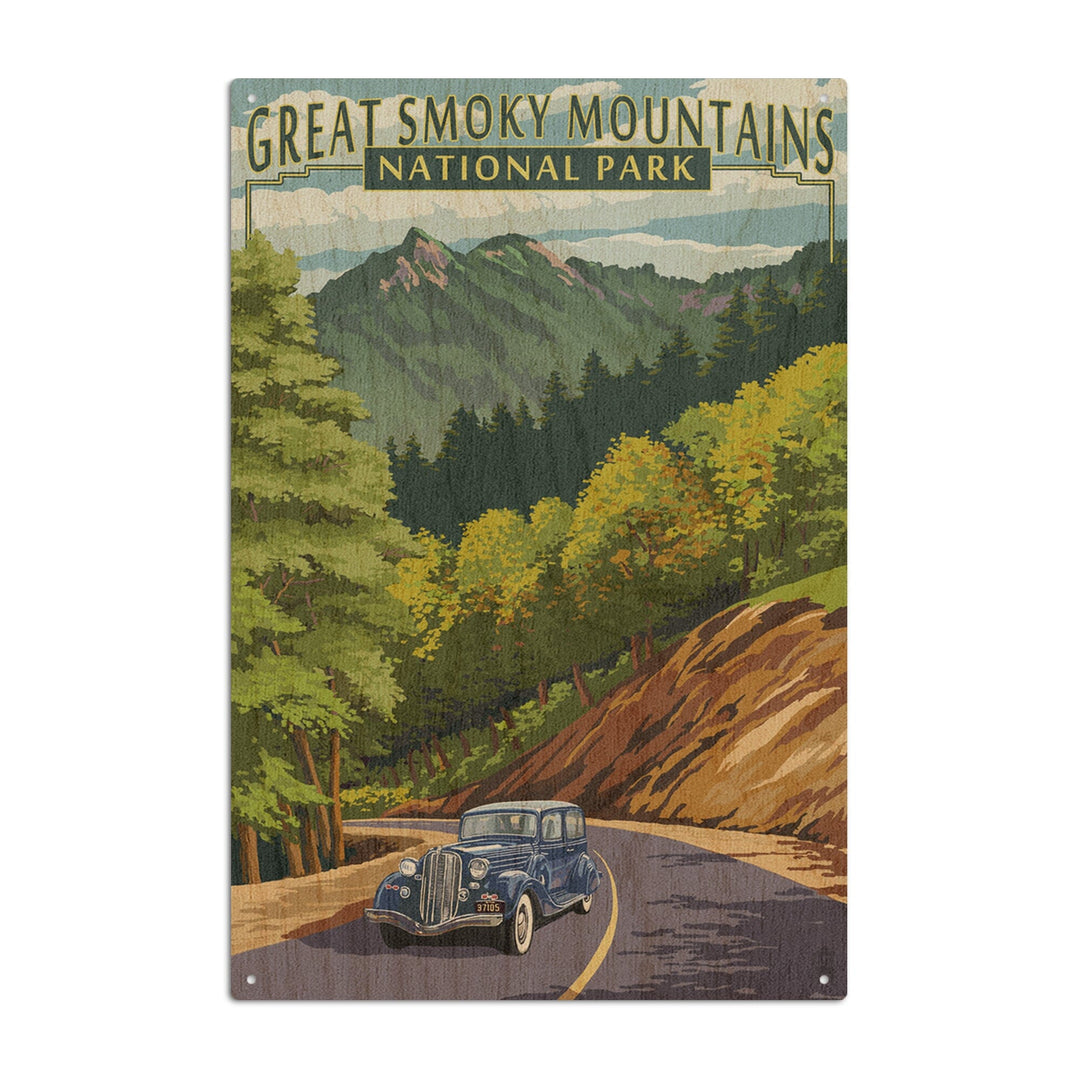 Great Smoky Mountains National Park, Tennesseee, Chimney Tops & Road, Lantern Press Artwork, Wood Signs and Postcards Wood Lantern Press 6x9 Wood Sign 