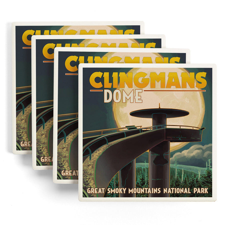 Great Smoky Mountains National Park, Tennesseee, Clingmans Dome and Moon, Lantern Press Artwork, Coaster Set - Lantern Press