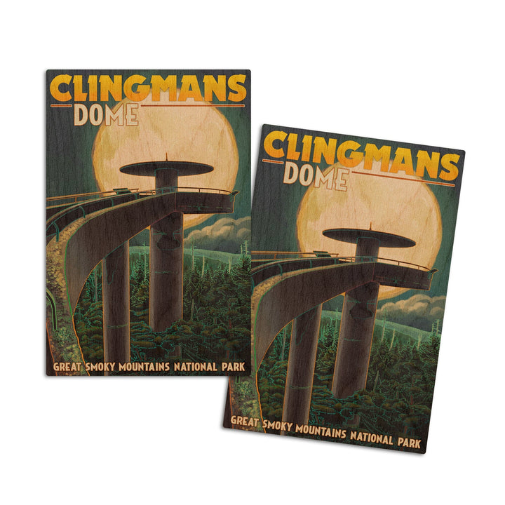Great Smoky Mountains National Park, Tennesseee, Clingmans Dome and Moon, Lantern Press Artwork, Wood Signs and Postcards Wood Lantern Press 4x6 Wood Postcard Set 
