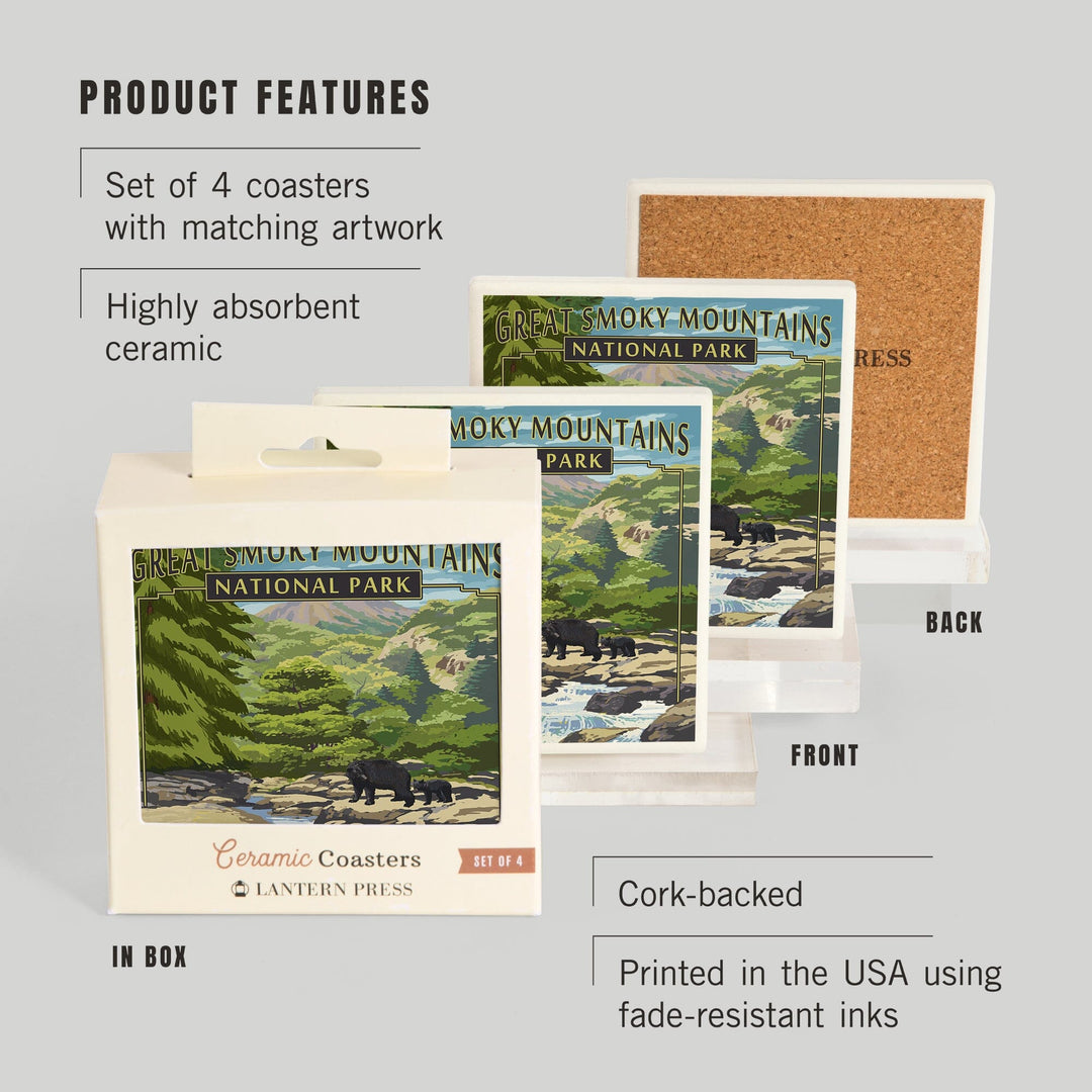 Great Smoky Mountains National Park, Tennesseee, Leconte Creek & Mt. Leconte, Lantern Press, Coaster Set - Lantern Press