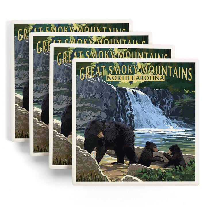 Great Smoky Mountains, North Carolina, Falls, Lantern Press Artwork, Coaster Set - Lantern Press