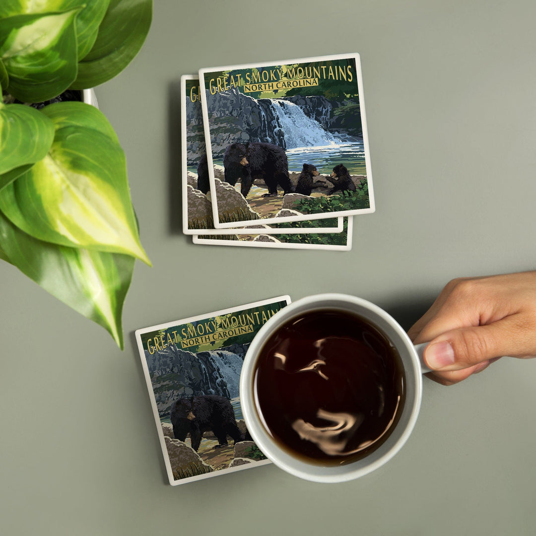 Great Smoky Mountains, North Carolina, Falls, Lantern Press Artwork, Coaster Set - Lantern Press