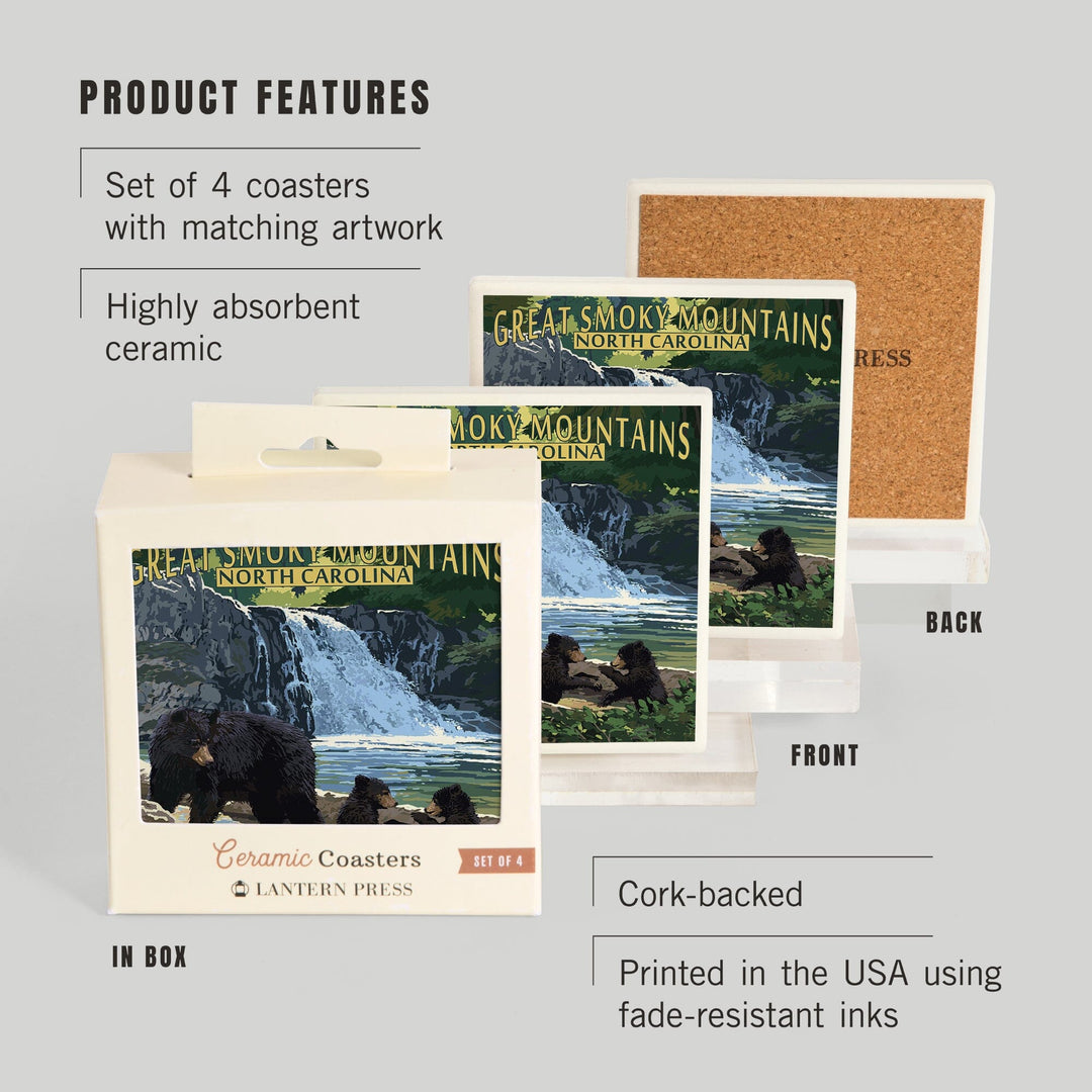 Great Smoky Mountains, North Carolina, Falls, Lantern Press Artwork, Coaster Set - Lantern Press