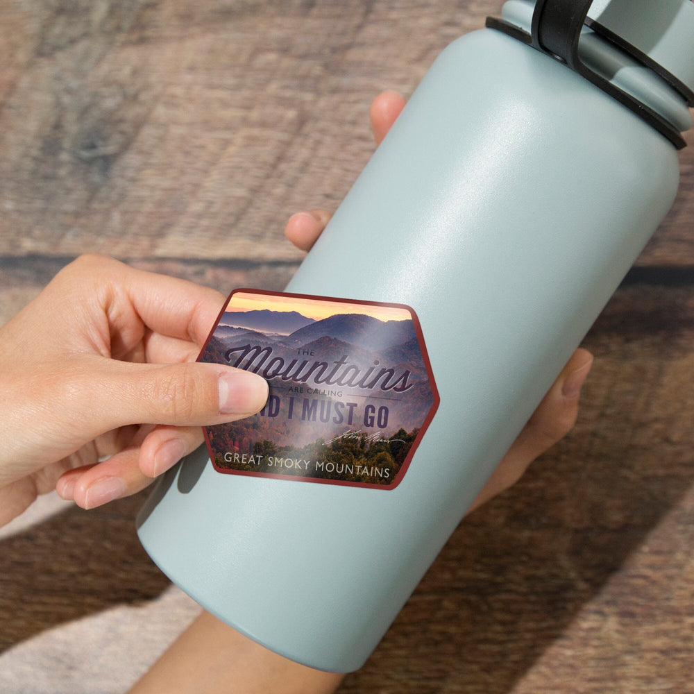 Great Smoky Mountains, North Carolina, John Muir, The Mountains are Calling, Sunset, Contour, Vinyl Sticker - Lantern Press