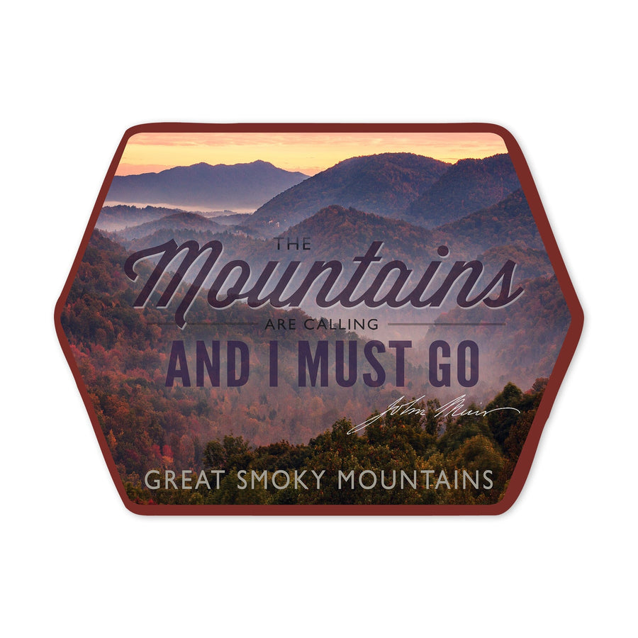 Great Smoky Mountains, North Carolina, John Muir, The Mountains are Calling, Sunset, Contour, Vinyl Sticker - Lantern Press