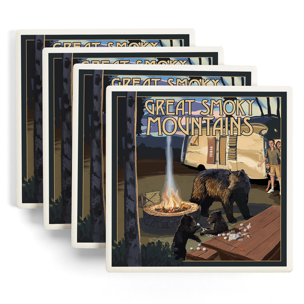 Great Smoky Mountains, Retro Camper and Lake with Bear Family, Coasters Coasters Lantern Press 