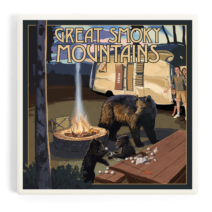 Great Smoky Mountains, Retro Camper and Lake with Bear Family, Coasters Coasters Lantern Press 
