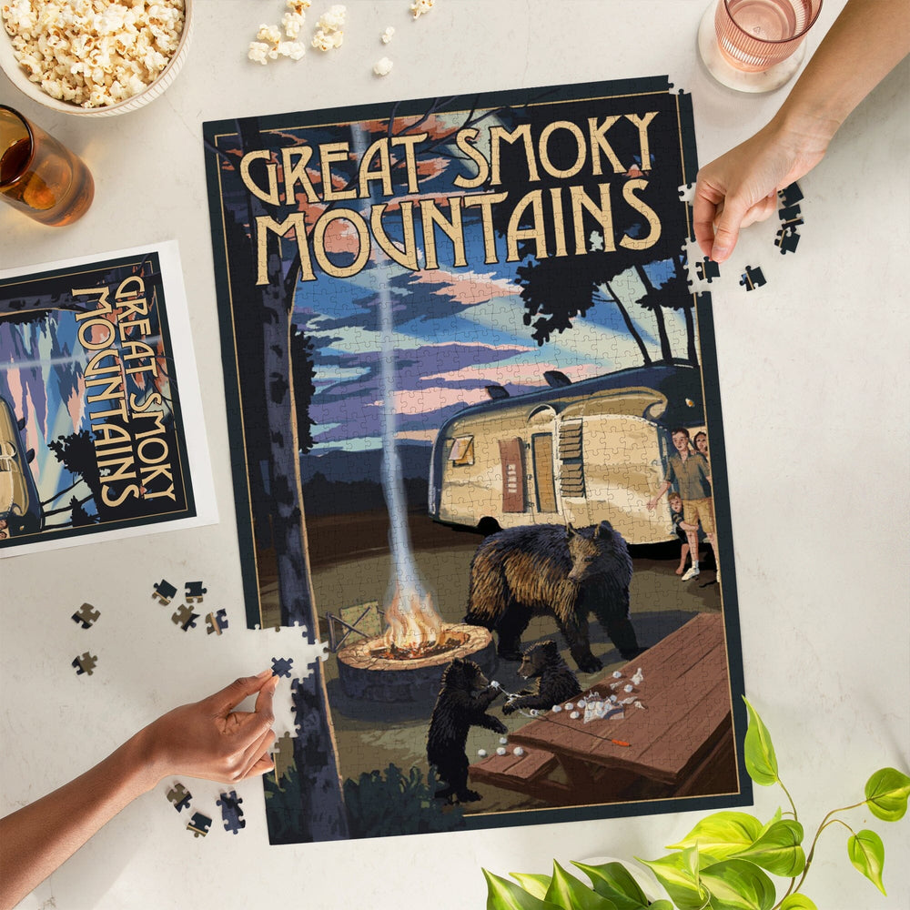 Great Smoky Mountains, Retro Camper and Lake with Bear Family, Jigsaw Puzzle Puzzle Lantern Press 