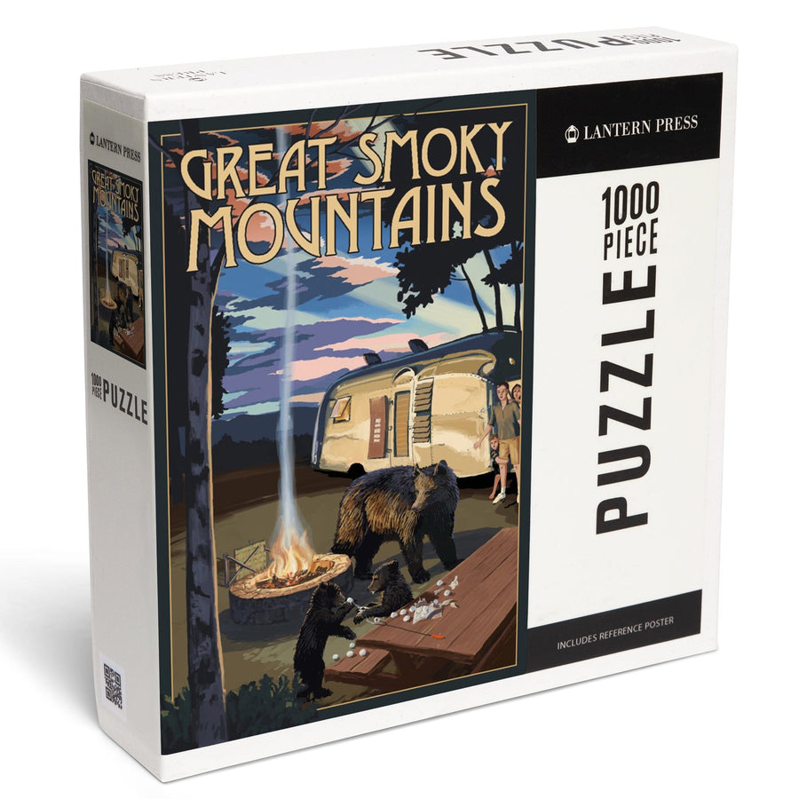 Great Smoky Mountains, Retro Camper and Lake with Bear Family, Jigsaw Puzzle Puzzle Lantern Press 