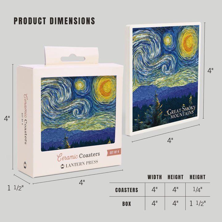 Great Smoky Mountains, Starry Night, Lantern Press Artwork, Coaster Set - Lantern Press