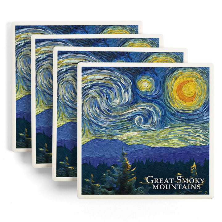 Great Smoky Mountains, Starry Night, Lantern Press Artwork, Coaster Set - Lantern Press