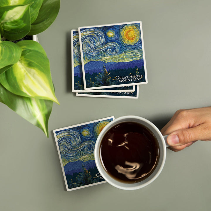 Great Smoky Mountains, Starry Night, Lantern Press Artwork, Coaster Set - Lantern Press