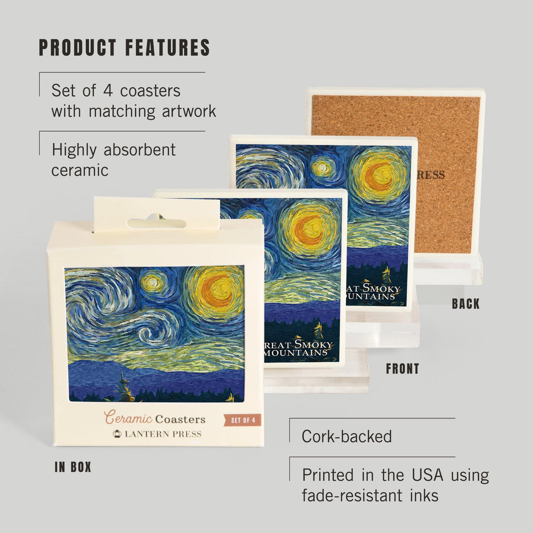 Great Smoky Mountains, Starry Night, Lantern Press Artwork, Coaster Set - Lantern Press