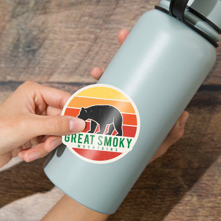 Great Smoky Mountains, Sun and Black Bear, Contour, Vinyl Sticker Sticker Lantern Press 