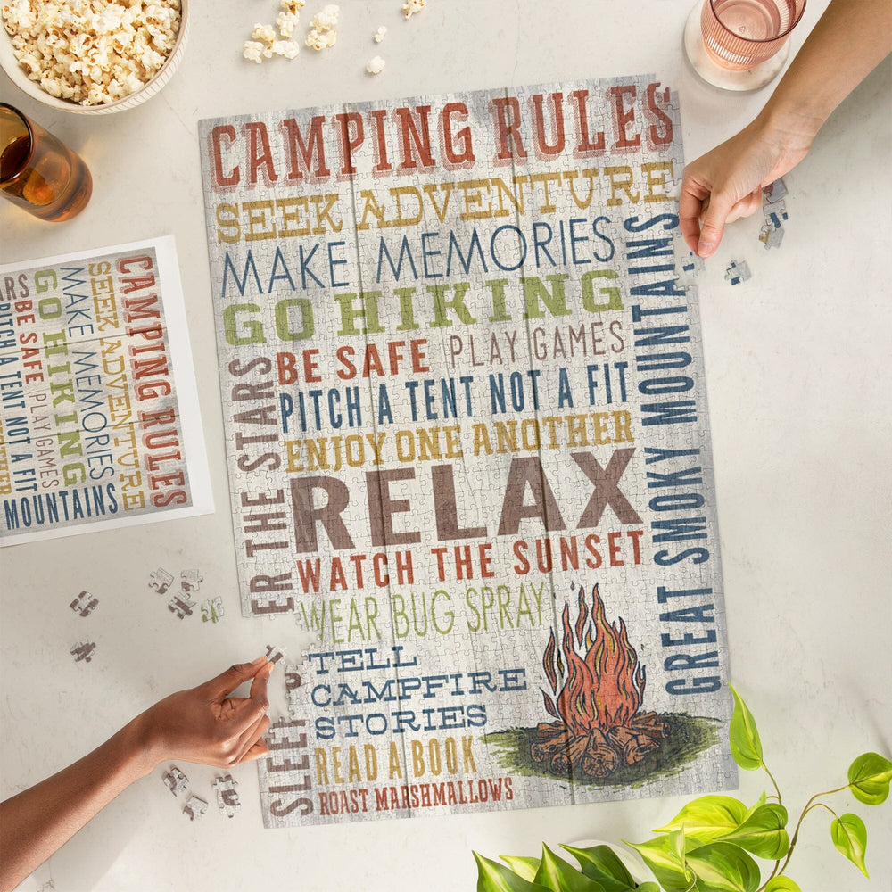 Great Smoky Mountains, Tennessee, Camping Rules, Rustic, Jigsaw Puzzle Puzzle Lantern Press 