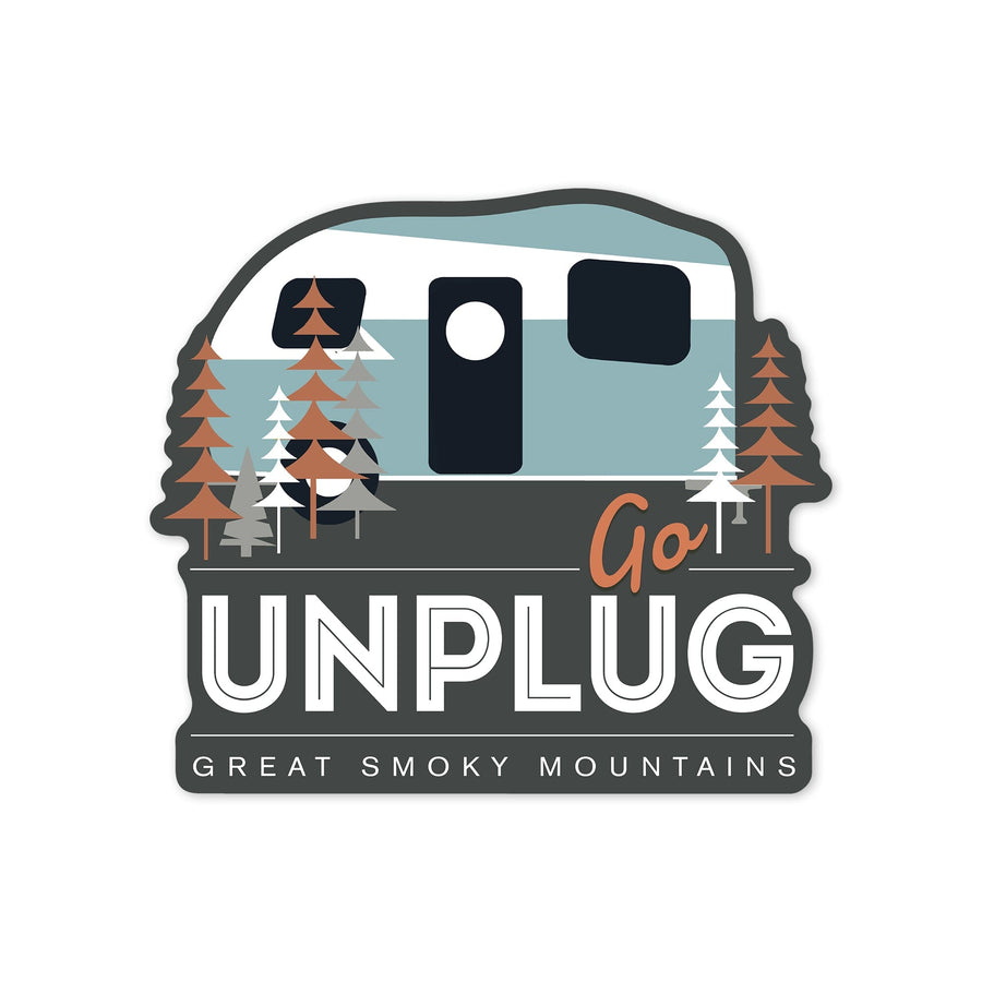 Great Smoky Mountains, Tennessee, Go Unplug, Retro Camper, Contour, Vinyl Sticker - Lantern Press