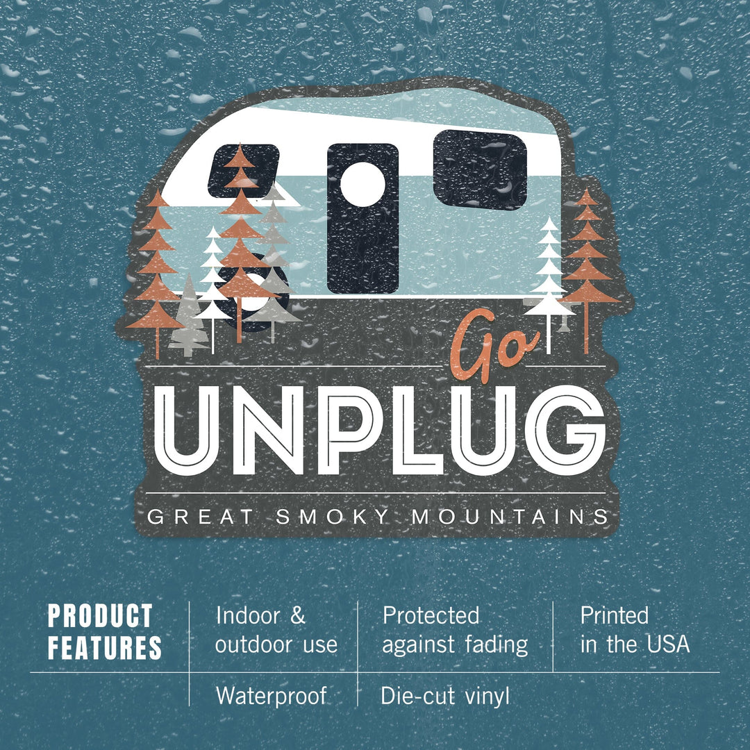 Great Smoky Mountains, Tennessee, Go Unplug, Retro Camper, Contour, Vinyl Sticker - Lantern Press