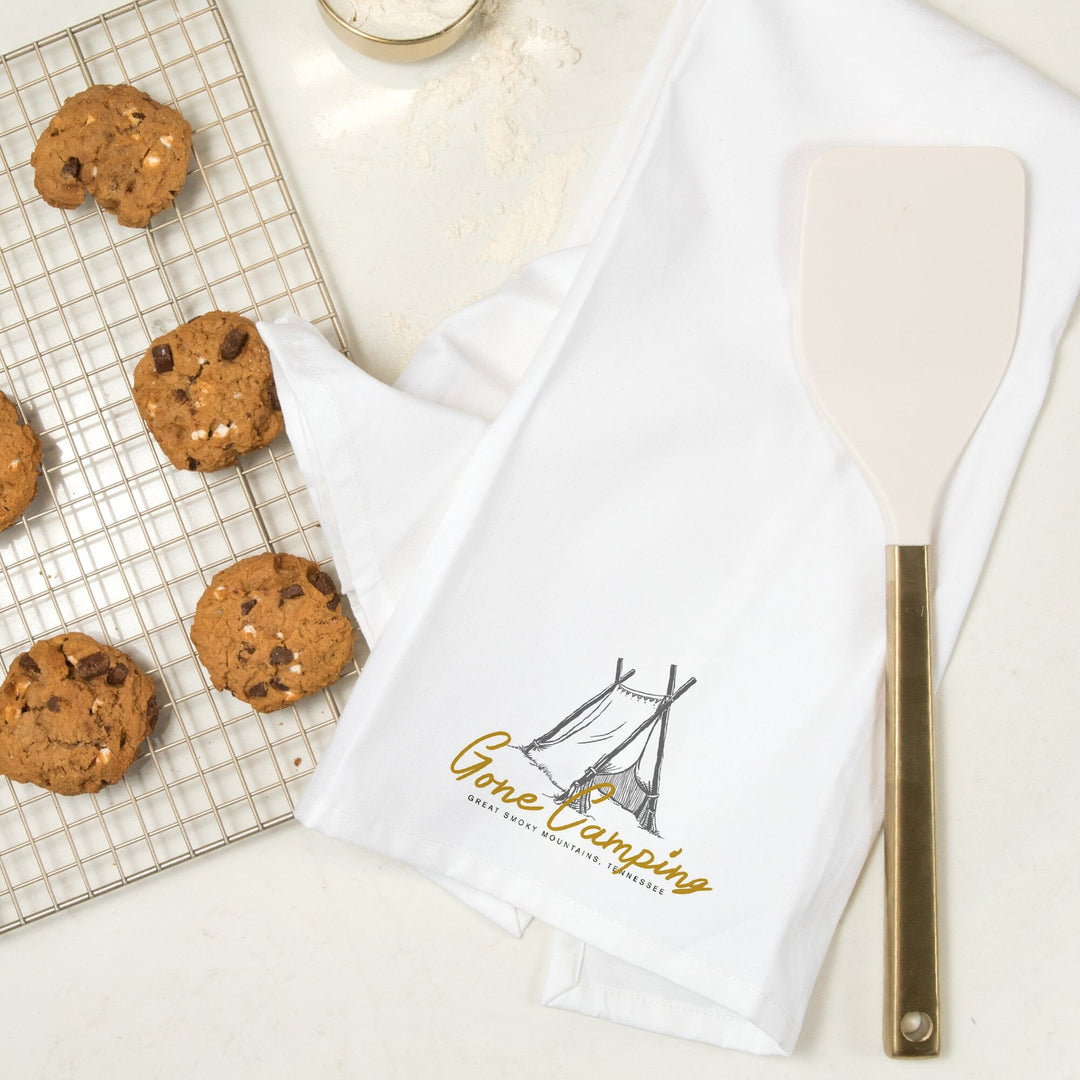 Great Smoky Mountains, Tennessee, Gone Camping, Tent, Organic Cotton Kitchen Tea Towels Kitchen Lantern Press 