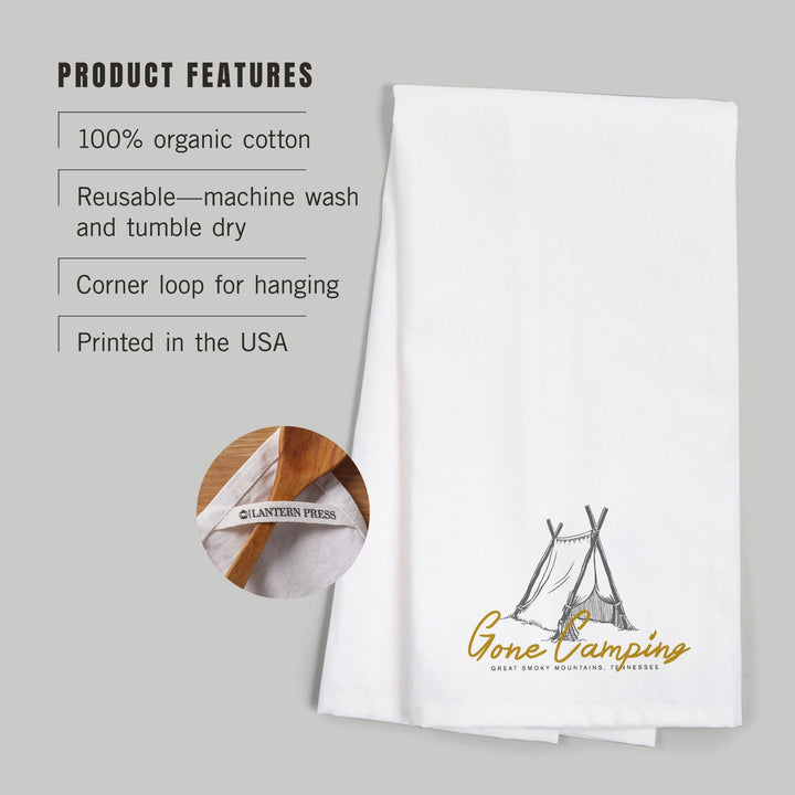 Great Smoky Mountains, Tennessee, Gone Camping, Tent, Organic Cotton Kitchen Tea Towels Kitchen Lantern Press 