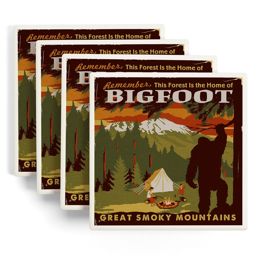 Great Smoky Mountains, Tennessee, Home of Bigfoot, Lantern Press Artwork, Coaster Set - Lantern Press