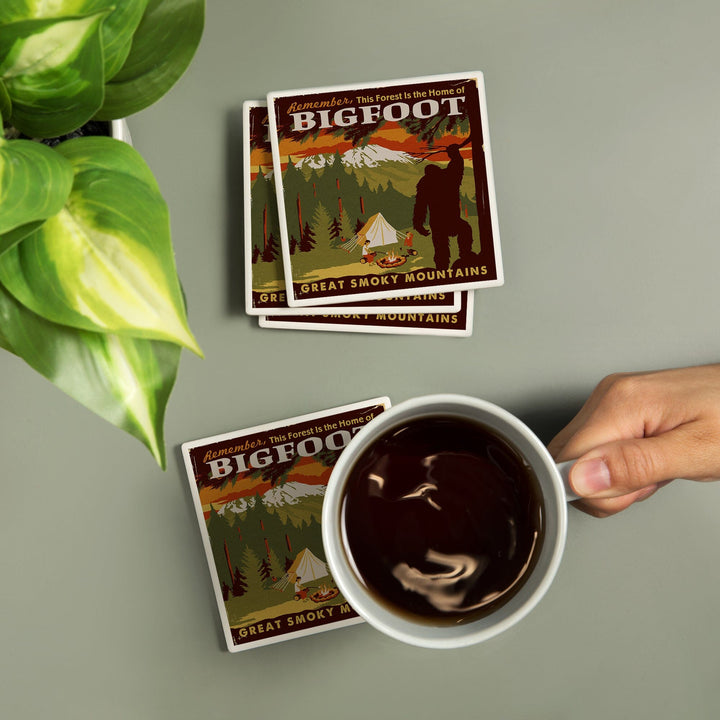 Great Smoky Mountains, Tennessee, Home of Bigfoot, Lantern Press Artwork, Coaster Set - Lantern Press