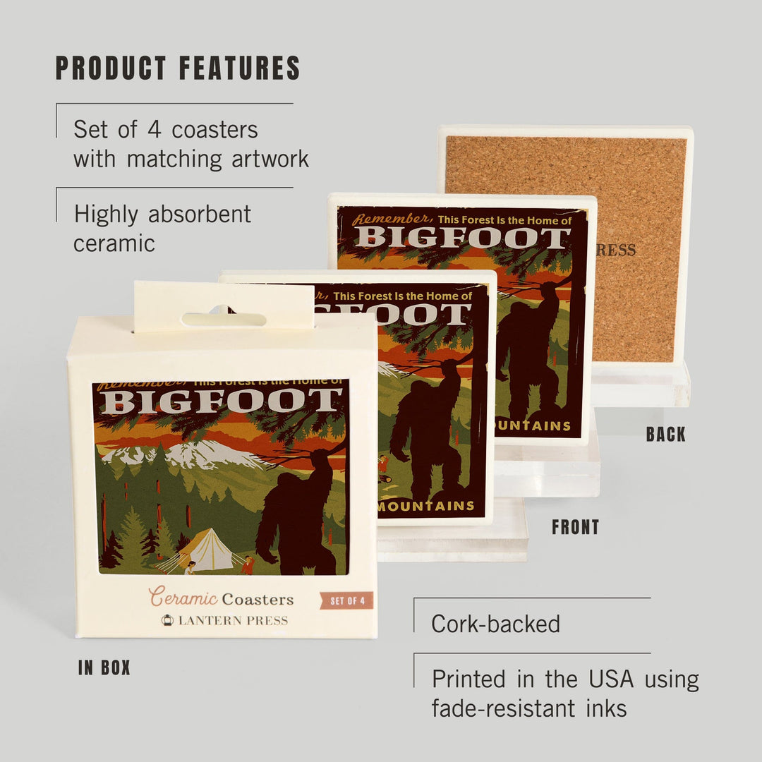 Great Smoky Mountains, Tennessee, Home of Bigfoot, Lantern Press Artwork, Coaster Set - Lantern Press