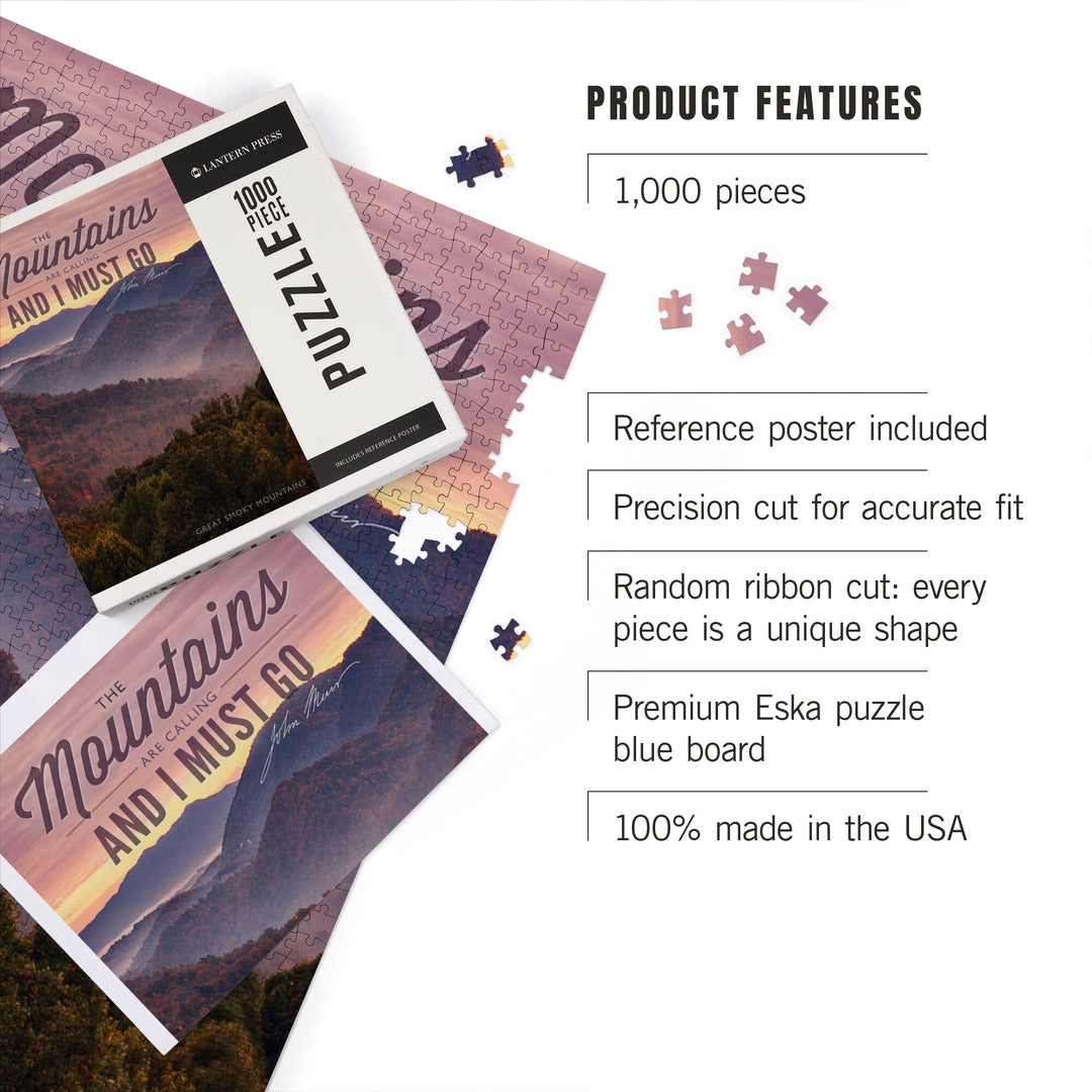 Great Smoky Mountains, Tennessee, John Muir, The Mountains are Calling, Sunset, Jigsaw Puzzle Puzzle Lantern Press 