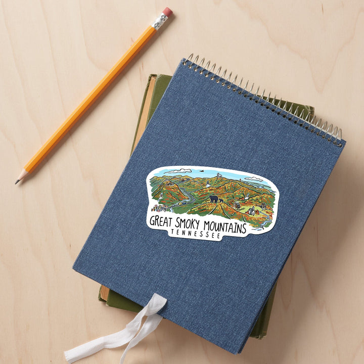 Great Smoky Mountains, Tennessee, Line Drawing, Contour, Vinyl Sticker Sticker Lantern Press 