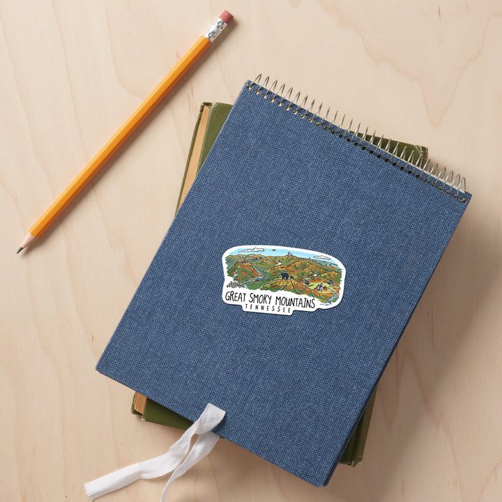 Great Smoky Mountains, Tennessee, Line Drawing, Contour, Vinyl Sticker Sticker Lantern Press 