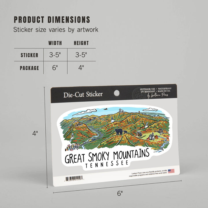 Great Smoky Mountains, Tennessee, Line Drawing, Contour, Vinyl Sticker Sticker Lantern Press 