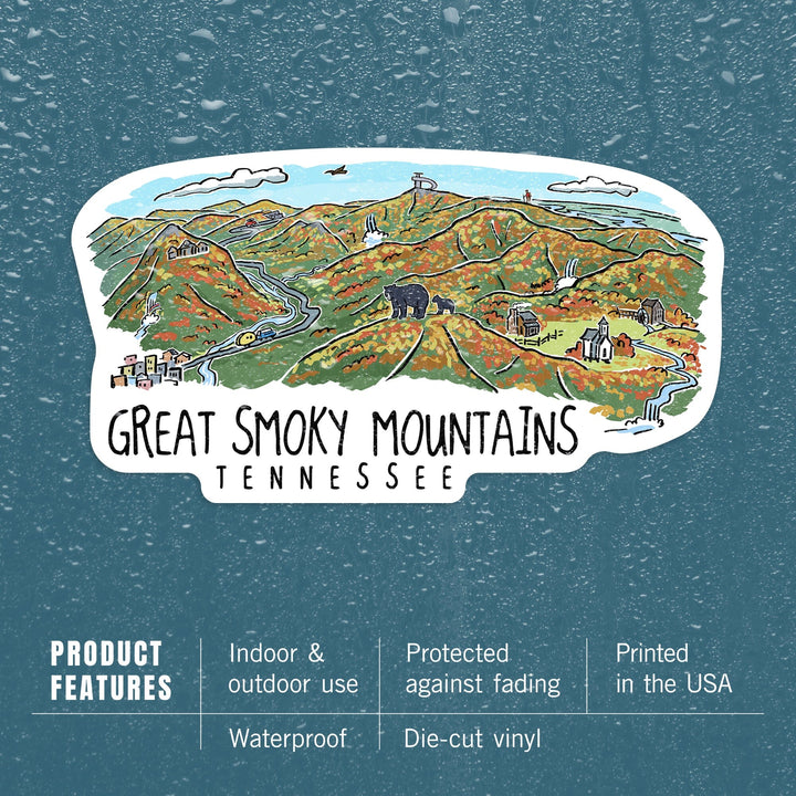 Great Smoky Mountains, Tennessee, Line Drawing, Contour, Vinyl Sticker Sticker Lantern Press 