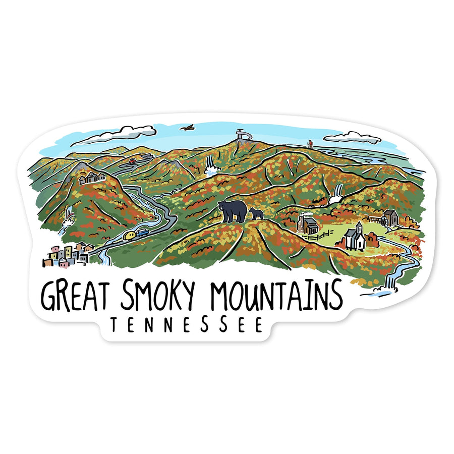 Great Smoky Mountains, Tennessee, Line Drawing, Contour, Vinyl Sticker Sticker Lantern Press 