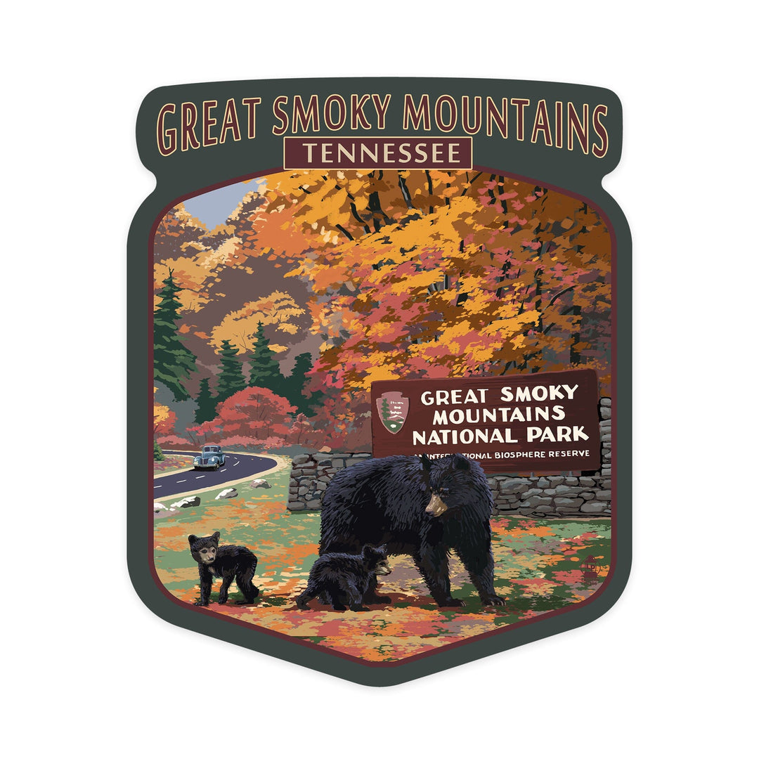 Great Smoky Mountains, Tennessee, Park Entrance and Bear Family, Contour, Vinyl Sticker - Lantern Press