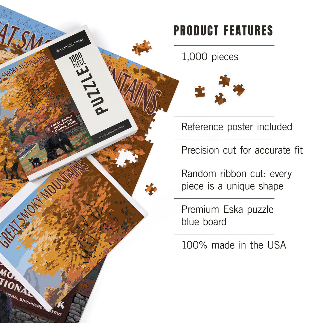 Great Smoky Mountains, Tennessee, Park Entrance and Bear Family, Jigsaw Puzzle Puzzle Lantern Press 