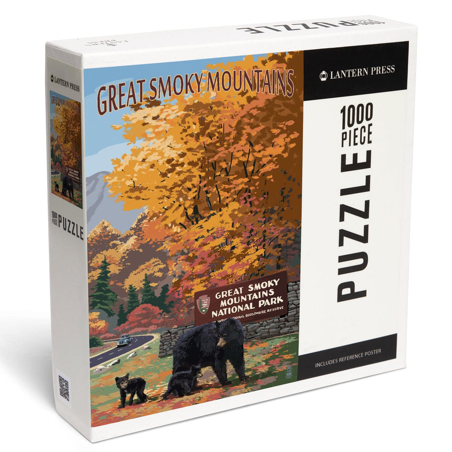 Great Smoky Mountains, Tennessee, Park Entrance and Bear Family, Jigsaw Puzzle Puzzle Lantern Press 