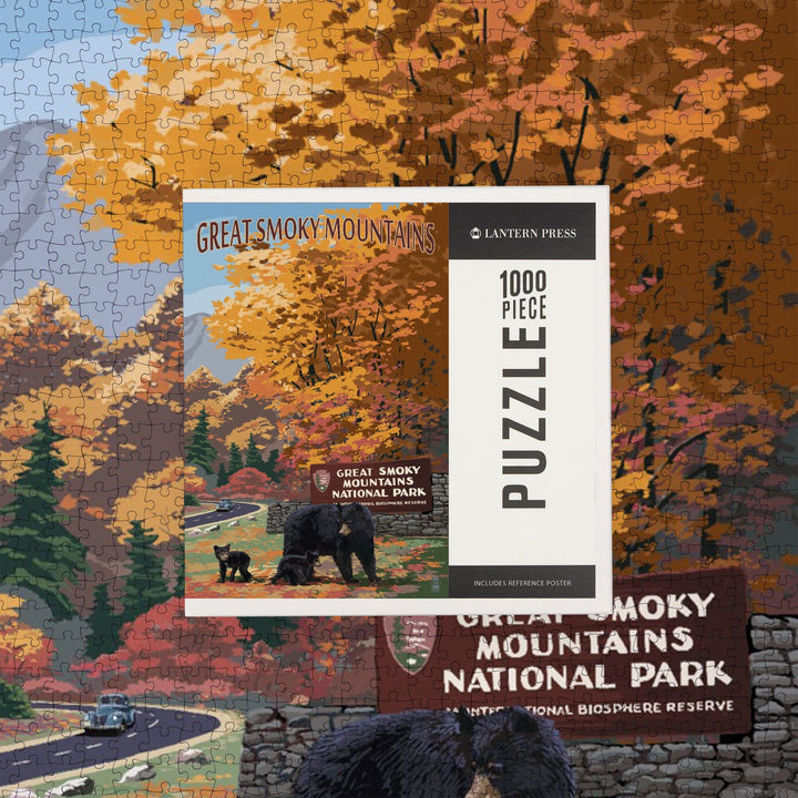 Great Smoky Mountains, Tennessee, Park Entrance and Bear Family, Jigsaw Puzzle Puzzle Lantern Press 