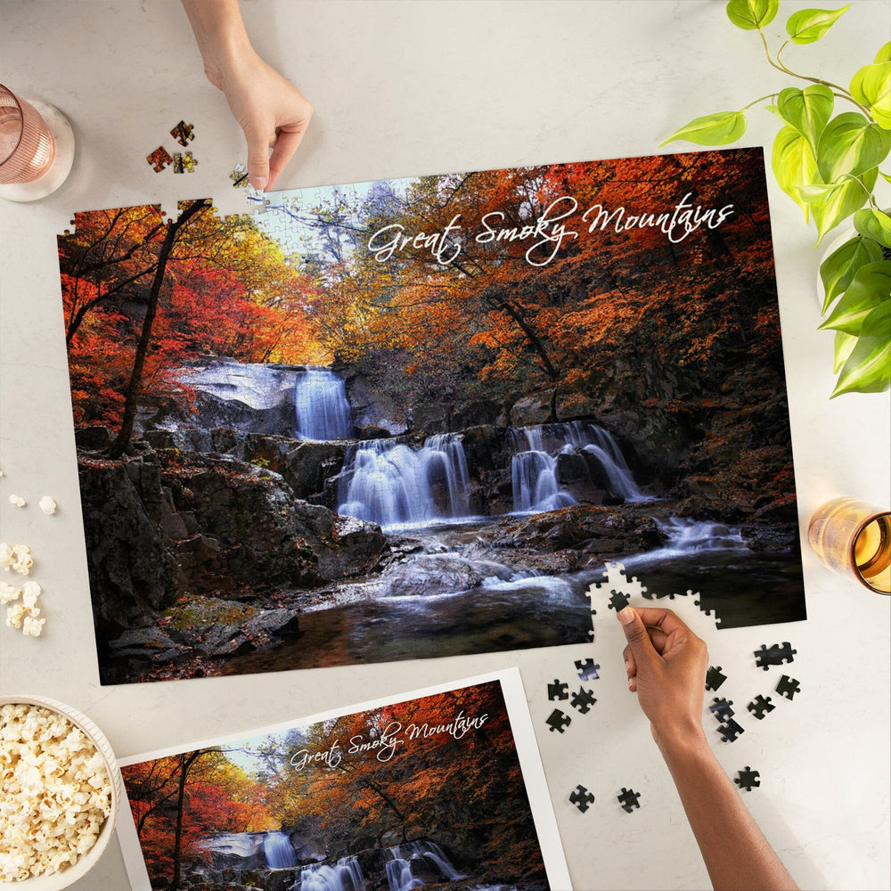 Great Smoky Mountains, Tennessee, Waterfall and Autumn Colors, Jigsaw Puzzle Puzzle Lantern Press 