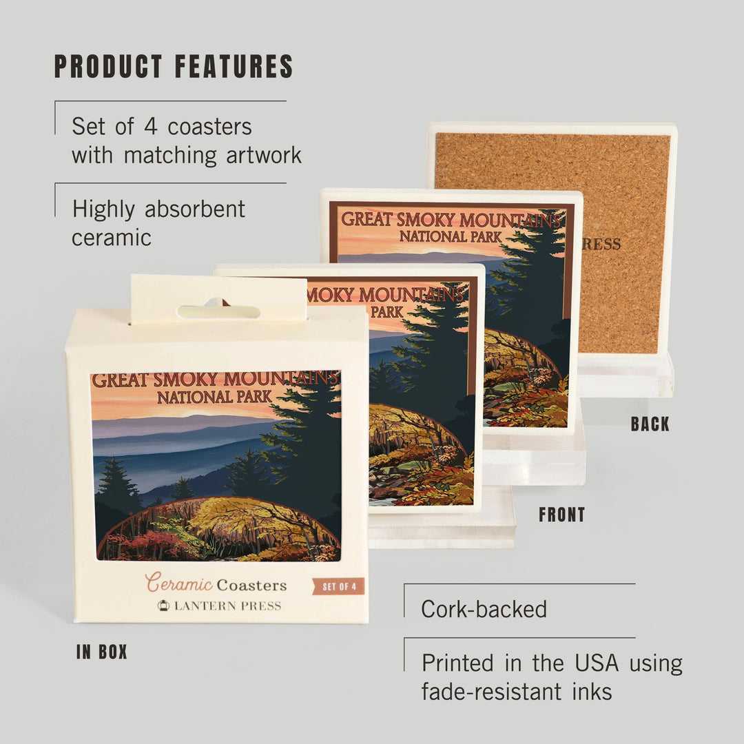 Great Smoky Mountains, Tennessee, Waterfall, Coasters Coasters Lantern Press 