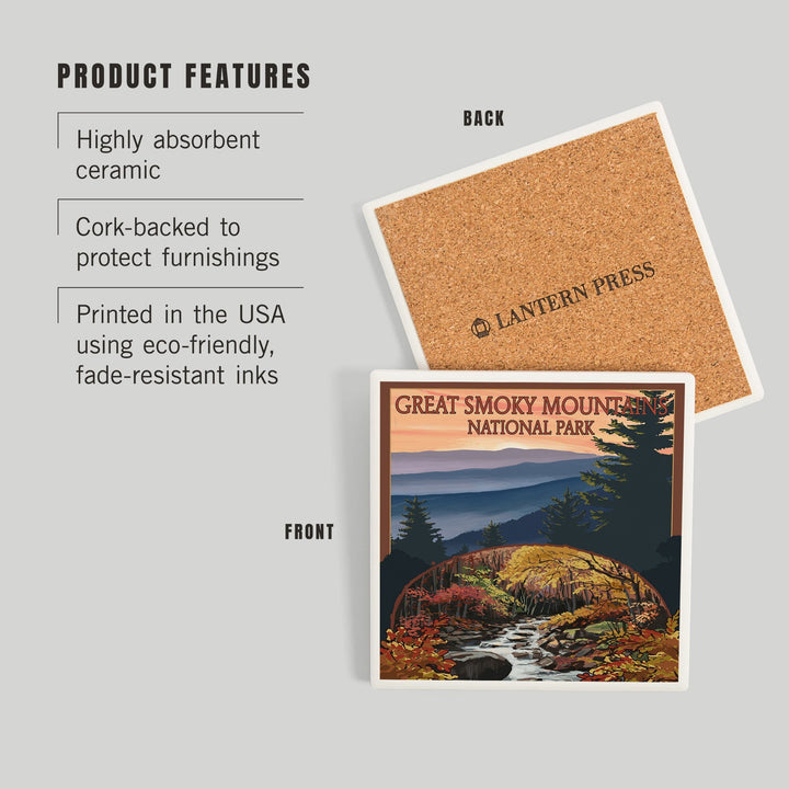 Great Smoky Mountains, Tennessee, Waterfall, Coasters Coasters Lantern Press 